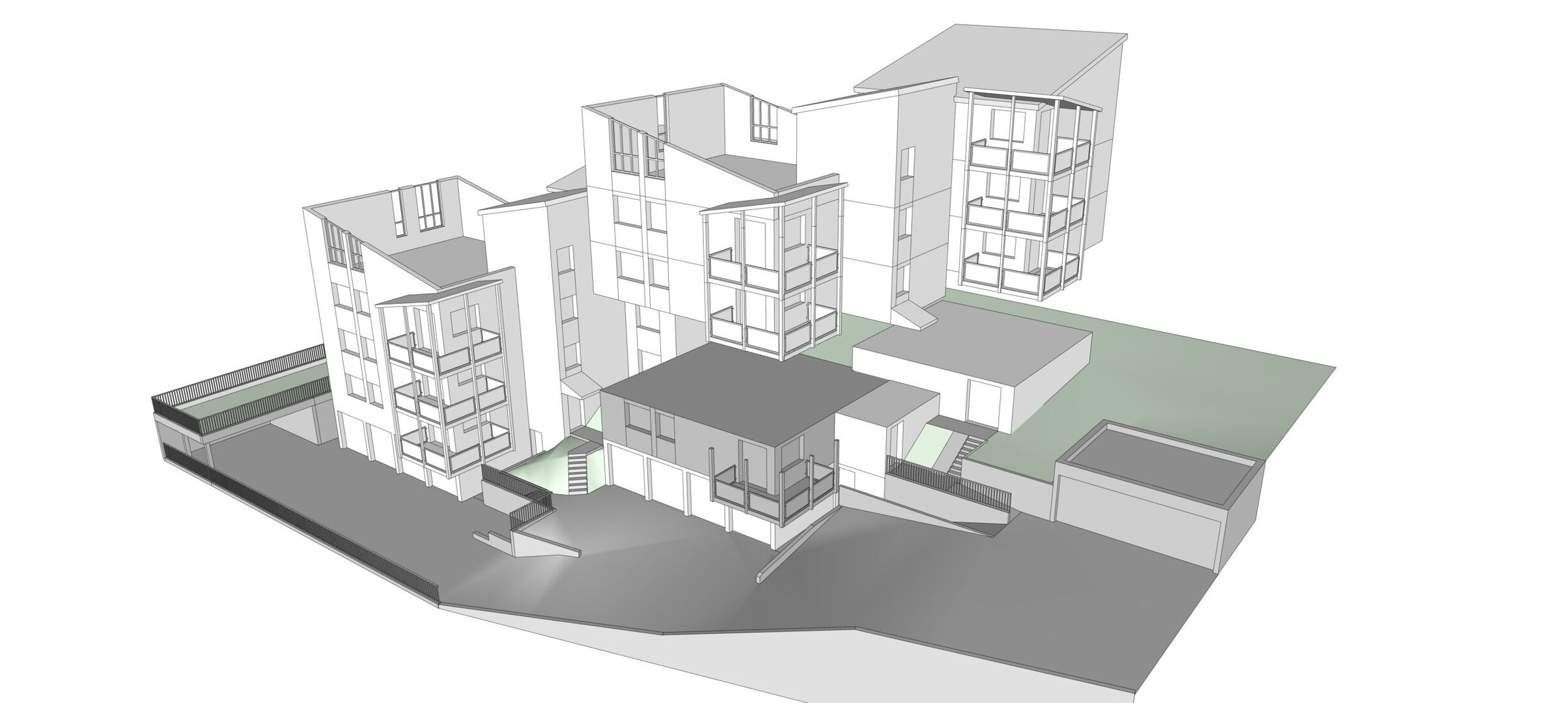 3D-Architekturmodell eines mehrstöckigen Gebäudekomplexes mit schrägen Dächern, Balkonen und einem begrünten Außenbereich. Der Grundriss umfasst Treppenhäuser und mehrere Gebäude auf verschiedenen Ebenen.