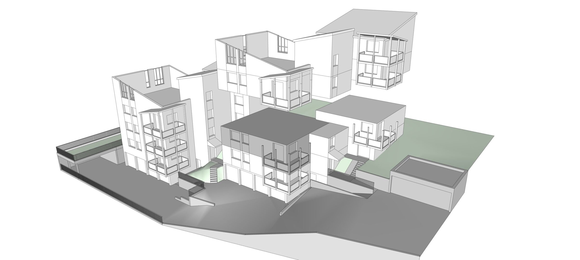 3D-Architekturmodell, das eine Gruppe moderner, mehrstöckiger Gebäude mit Flachdächern, erhöhten Wegen und angrenzenden Grünflächen auf einem Hanggelände zeigt.