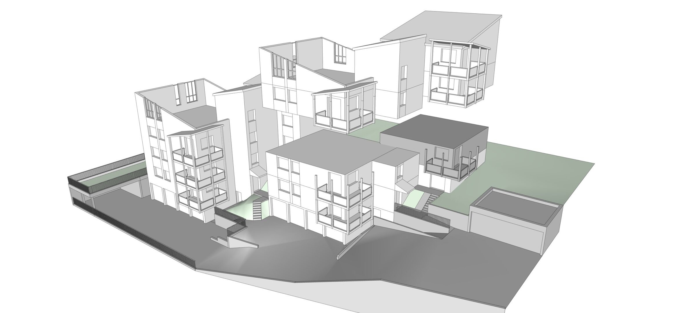 Ein 3D-Architekturmodell mit mehreren modernen Gebäuden mit geometrischem Design, die auf einem abschüssigen Gelände mit grünen und grauen Oberflächen liegen.