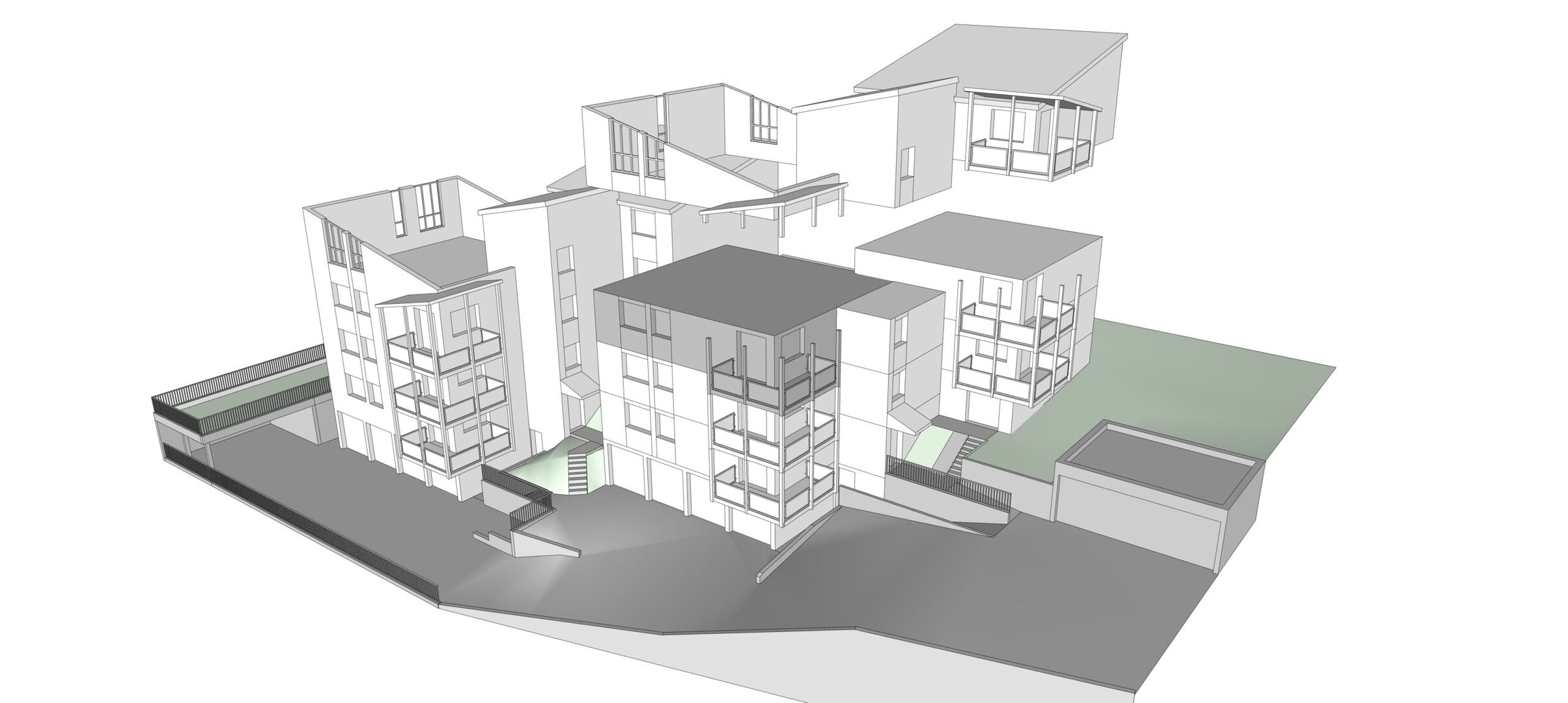 Architektonisches 3D-Modell eines mehrstöckigen Gebäudekomplexes mit versetzten Abschnitten, verschiedenen Stockwerken, Treppenhäusern und einer Grünfläche.