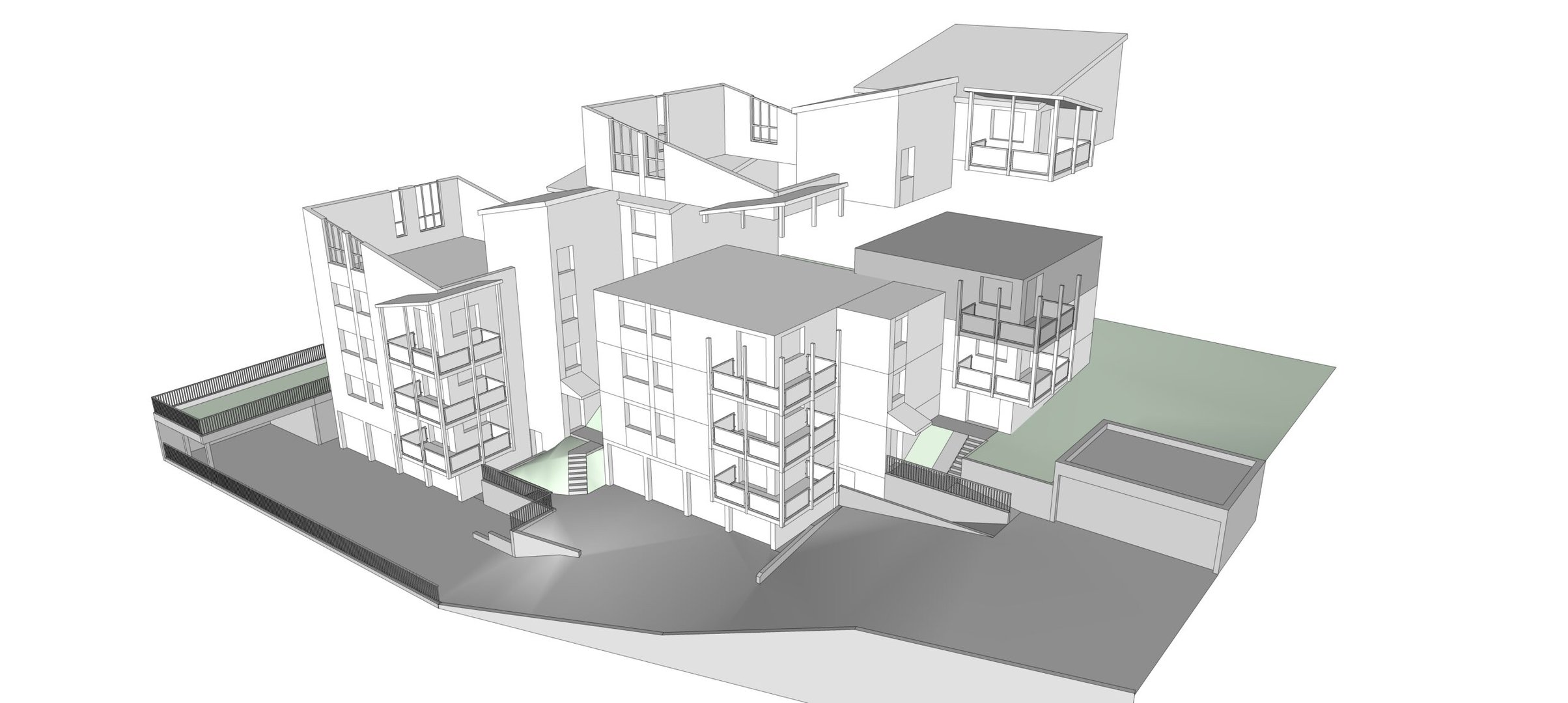 Architektonisches 3D-Modell eines modernen mehrstöckigen Gebäudekomplexes mit verschiedenen geometrischen Formen und Grünflächen, dargestellt auf einem grau-grünen Gelände.