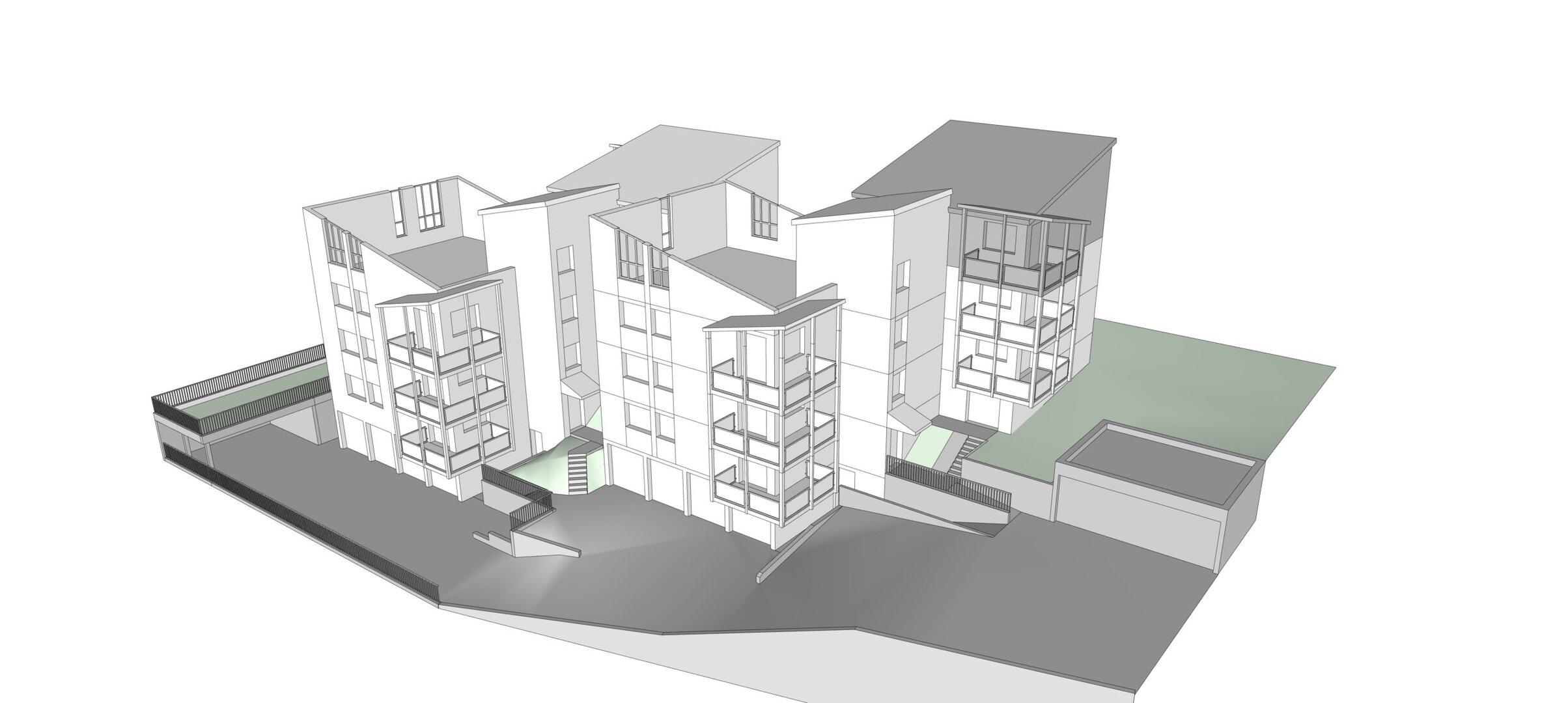 Architektonische Darstellung eines modernen mehrstöckigen Gebäudekomplexes mit geometrischem Design, schrägen Dächern und umgebenden Grün- und Pflasterflächen.