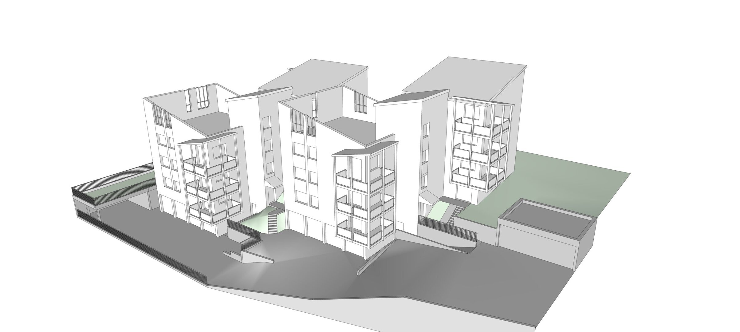 Architektonisches 3D-Modell eines modernen Wohngebäudes mit mehreren Ebenen, großen Fenstern und schrägen Dächern auf einem abschüssigen Gelände.