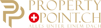 Logo mit stilisiertem „PP“ in Gold, einem Schweizer Flaggensymbol und dem Text „PROPERTY POINT.CH ALLES UNTER EINEM DACH“ in Gold.